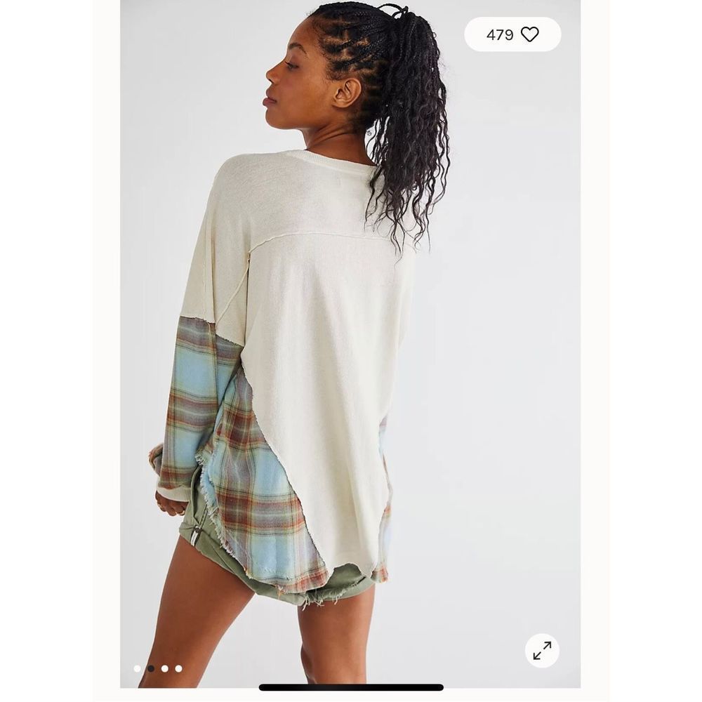 Free People Miley Tee Slouchy, long sleeved silhouette with Contrast Plaid Sleev